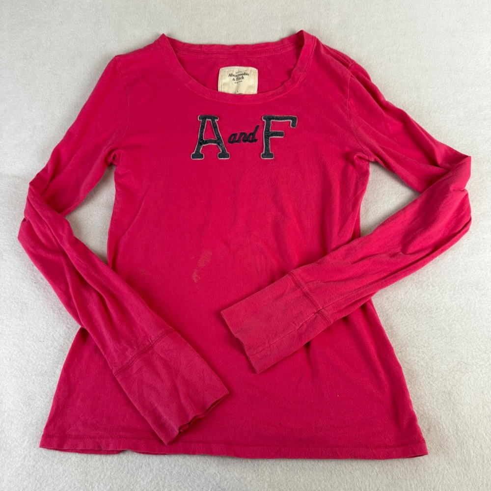 Abercrombie & Fitch Girls Large Pink Long‎ Sleeve A and F Logo Graphic Tee Shirt
